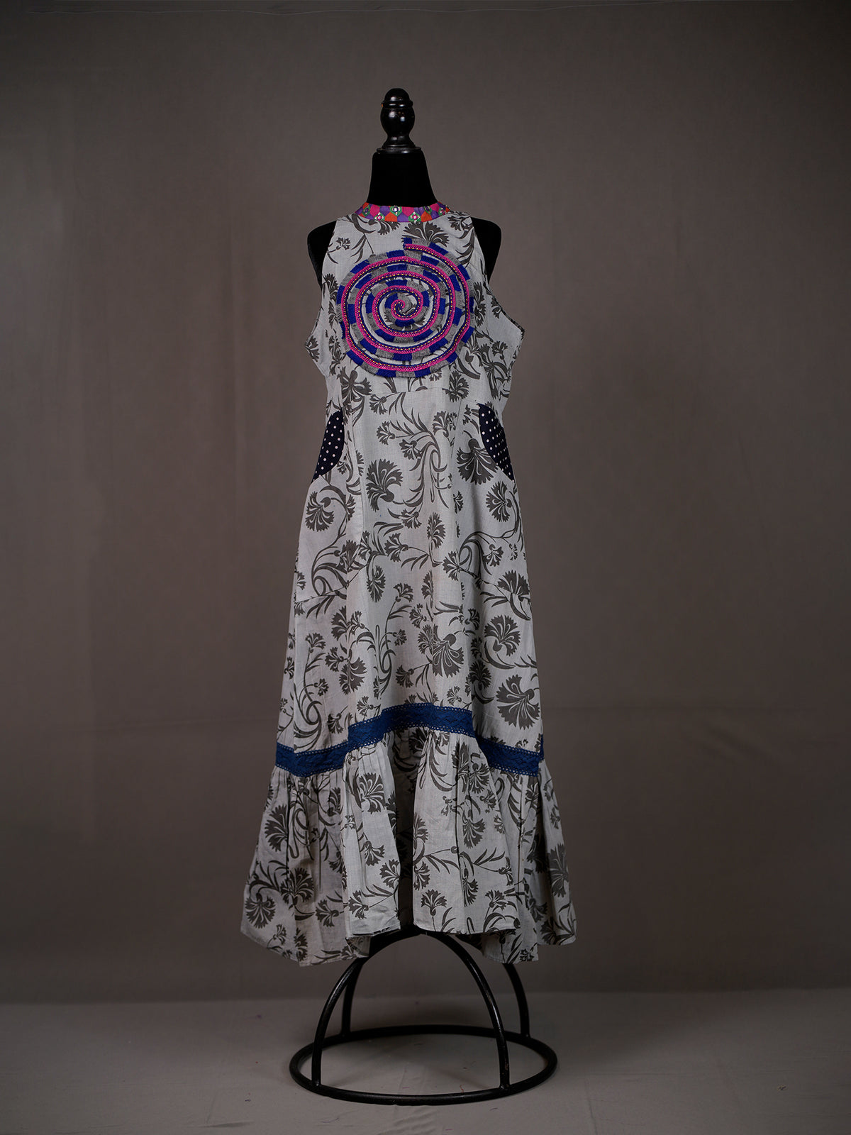 Off White Cotton Long Halter Dress with Block Print, Applique, Lace