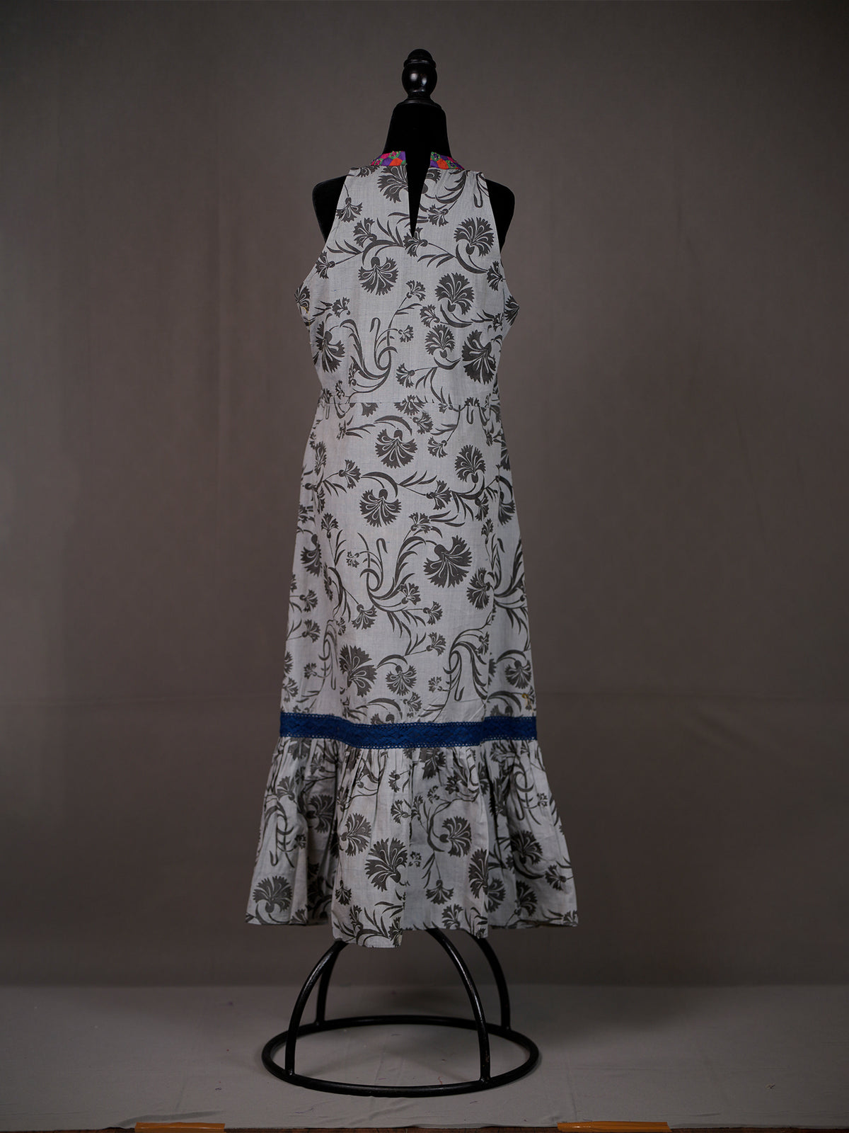 Off White Cotton Long Halter Dress with Block Print, Applique, Lace