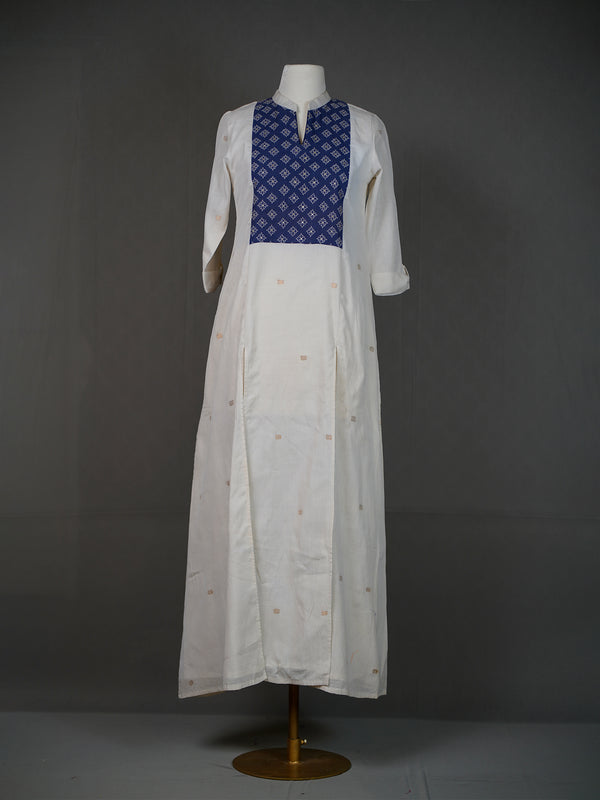 Off White Handwoven Kurti With Thread Embroidery On Blue Yoke