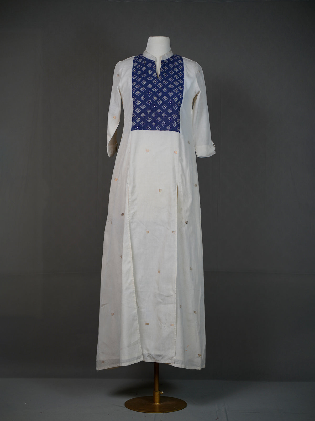 Off White Handwoven Kurti With Thread Embroidery On Blue Yoke