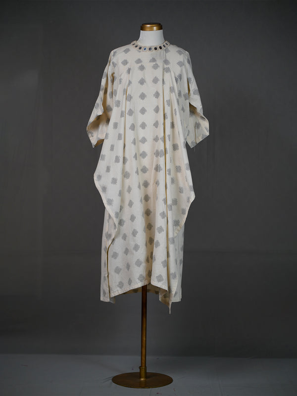 Off White Ikkat Kurti with High Closed Neck and Chunky Mirrors