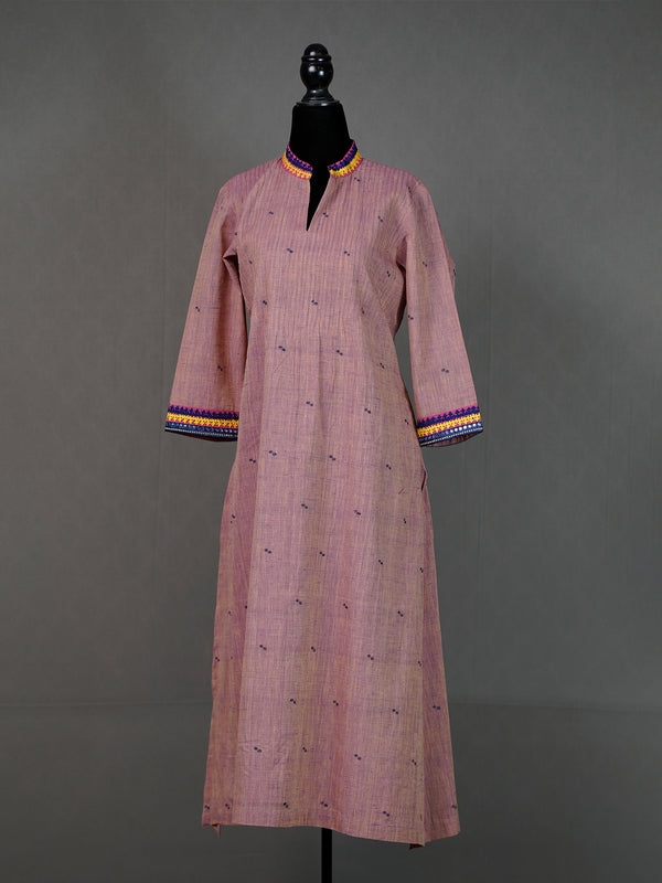 Onion Pink Handwoven Kurti With Kutch Work and Pintuck Bodice