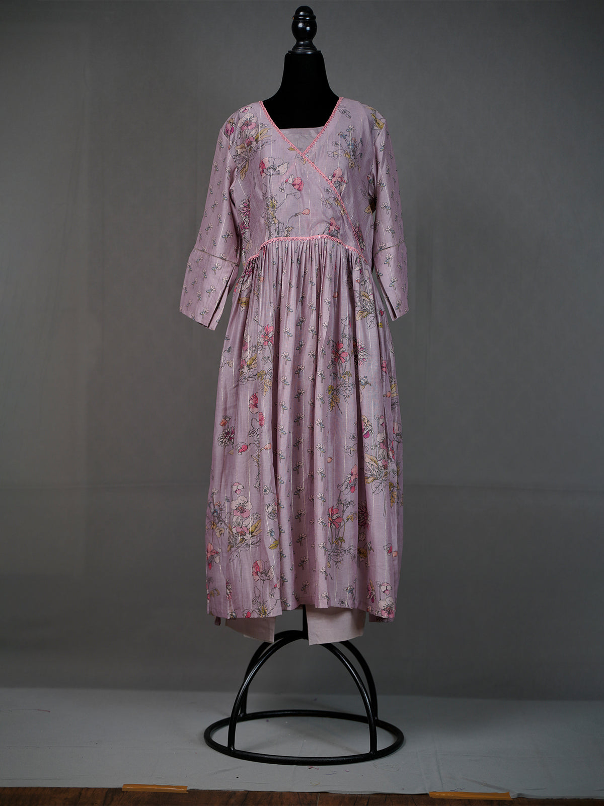 Onion Pink Silk Printed Long Kurti with Lace Border and Pants