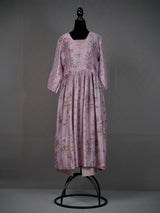 Onion Pink Silk Printed Long Kurti with Lace Border and Pants