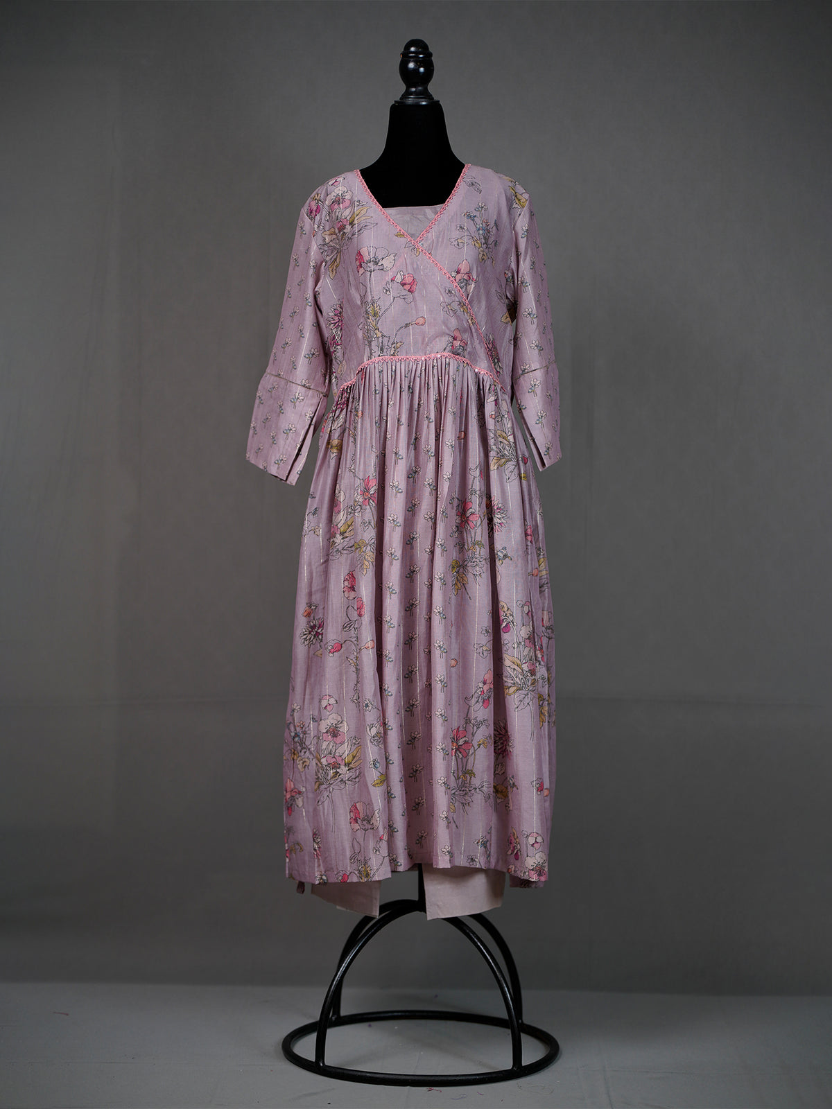 Onion Pink Silk Printed Long Kurti with Lace Border and Pants