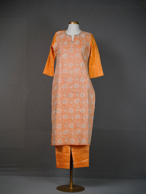 Orange All-Over Thread Embroidery Kurti With Pants and Dupatta