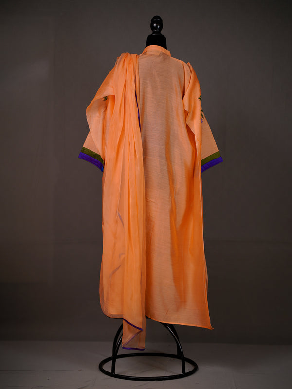 Orange Chanderi Unstitched Thread Work Kurti and Chiffon Dupatta