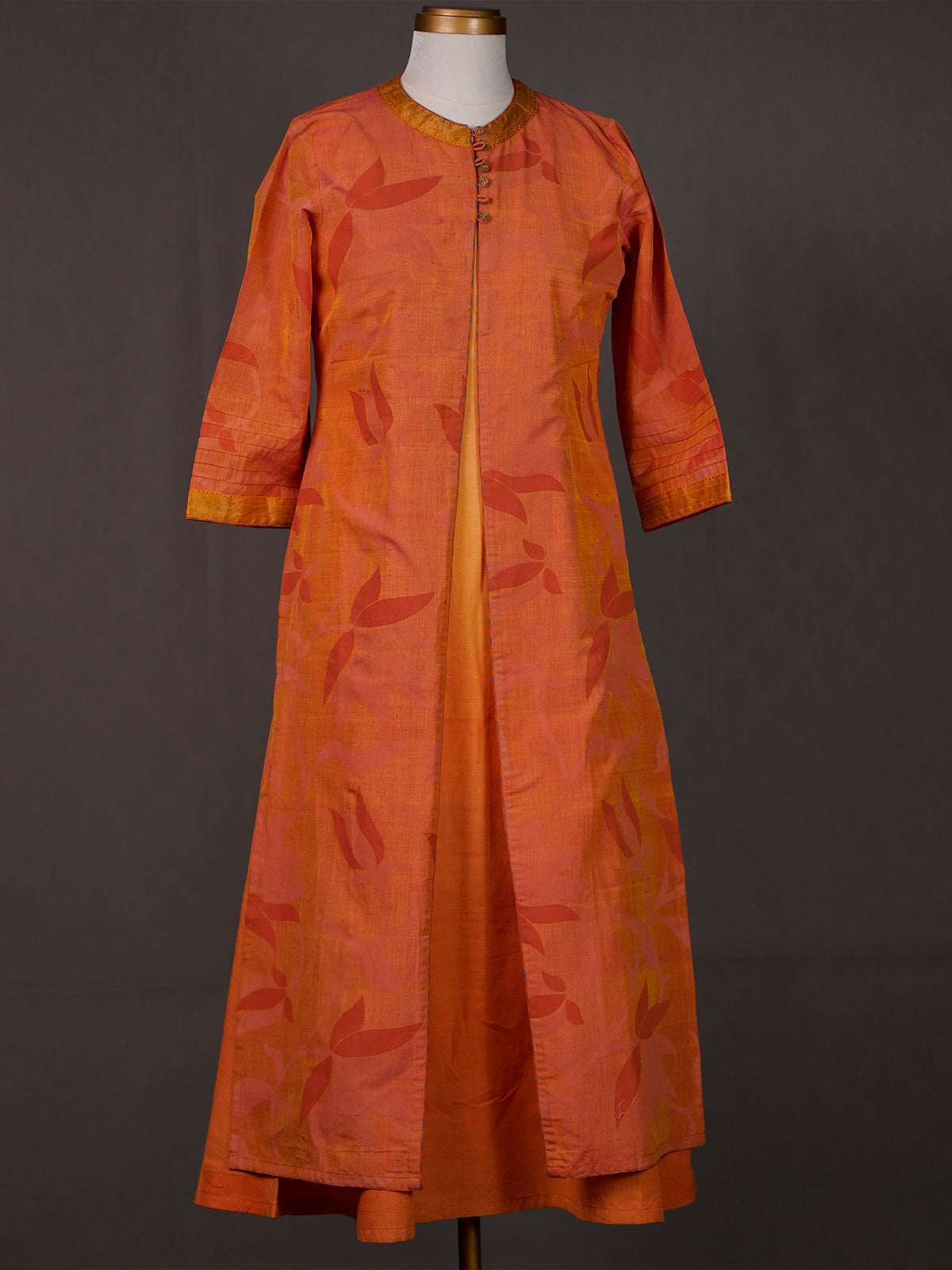 Orange Cotton Sleeveless Kurti Topped with Printed Front Open Koti