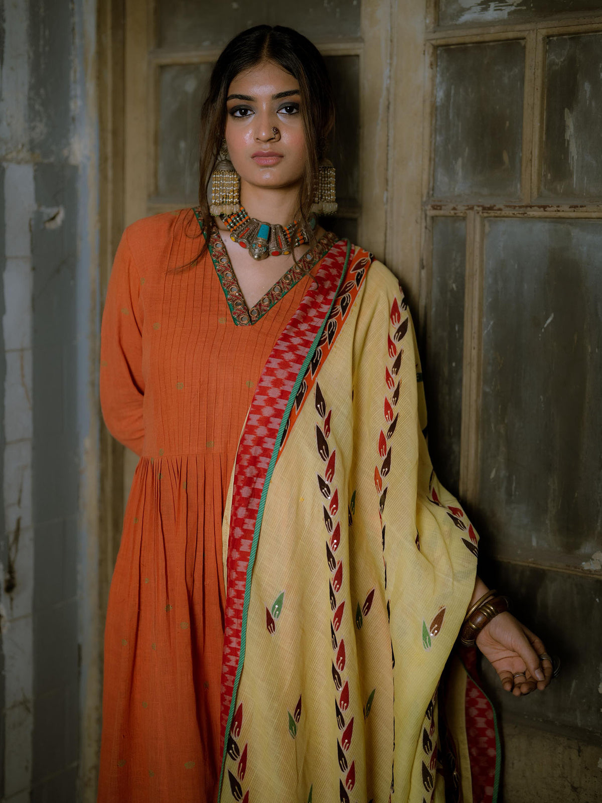 Orange Handwoven Cotton Kurti with Thread, Tikki Work, Dupatta