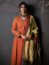 Orange Handwoven Cotton Kurti with Thread, Tikki Work, Dupatta
