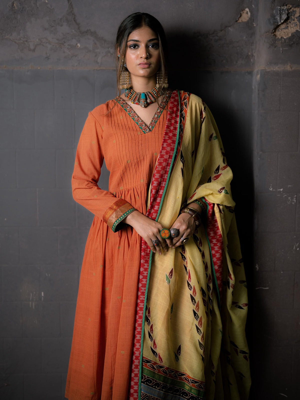 Orange Handwoven Cotton Kurti with Thread, Tikki Work, Dupatta