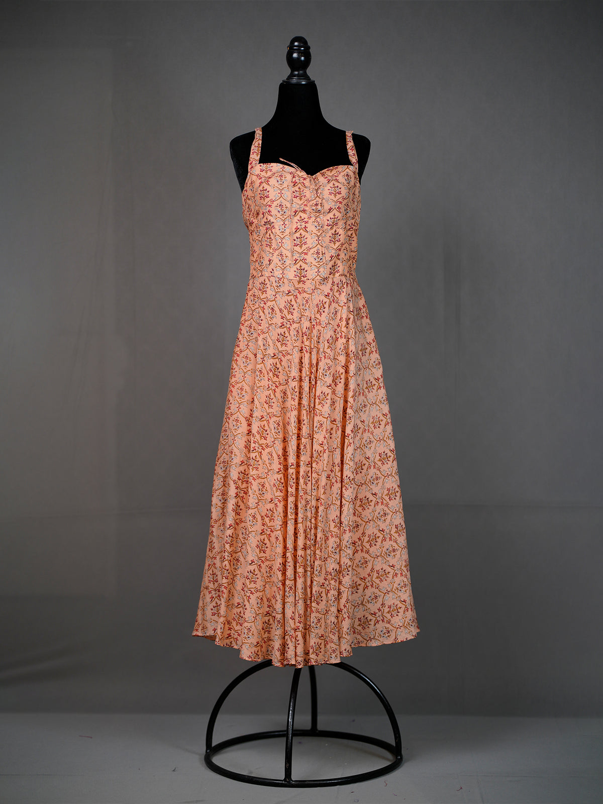 Orange Silk Printed Flared Dress with Noodle Straps