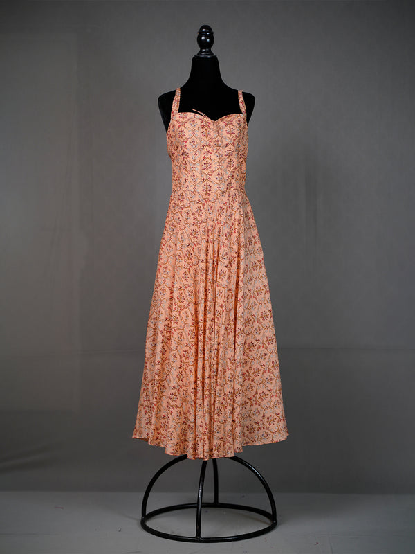 Orange Silk Printed Flared Dress with Noodle Straps