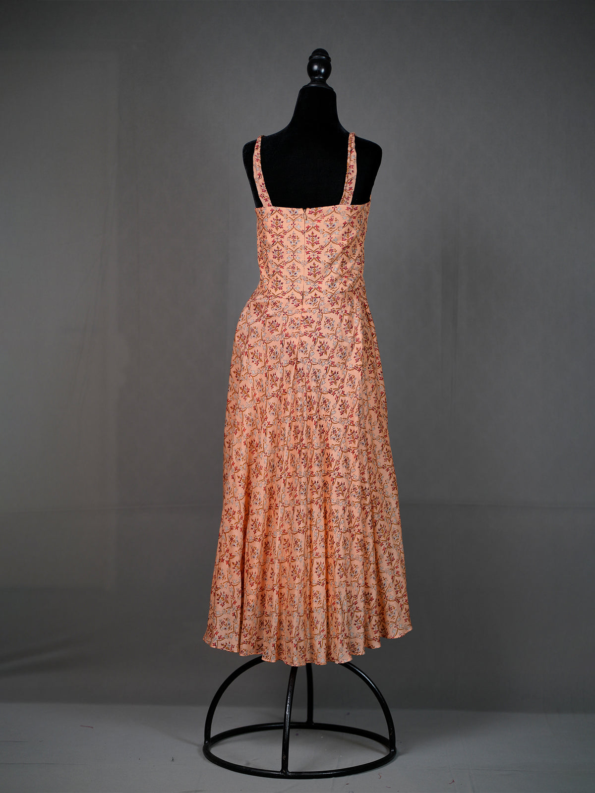Orange Silk Printed Flared Dress with Noodle Straps