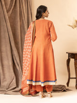 Orange handloom top with Banjara mirror work, paired with a printed Kota dupatta highlighted with sequins and matching pants