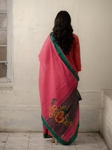 Peach Hand-Woven Cotton Kurti and Pants with Dupatta Featuring Ethnic Patchwork