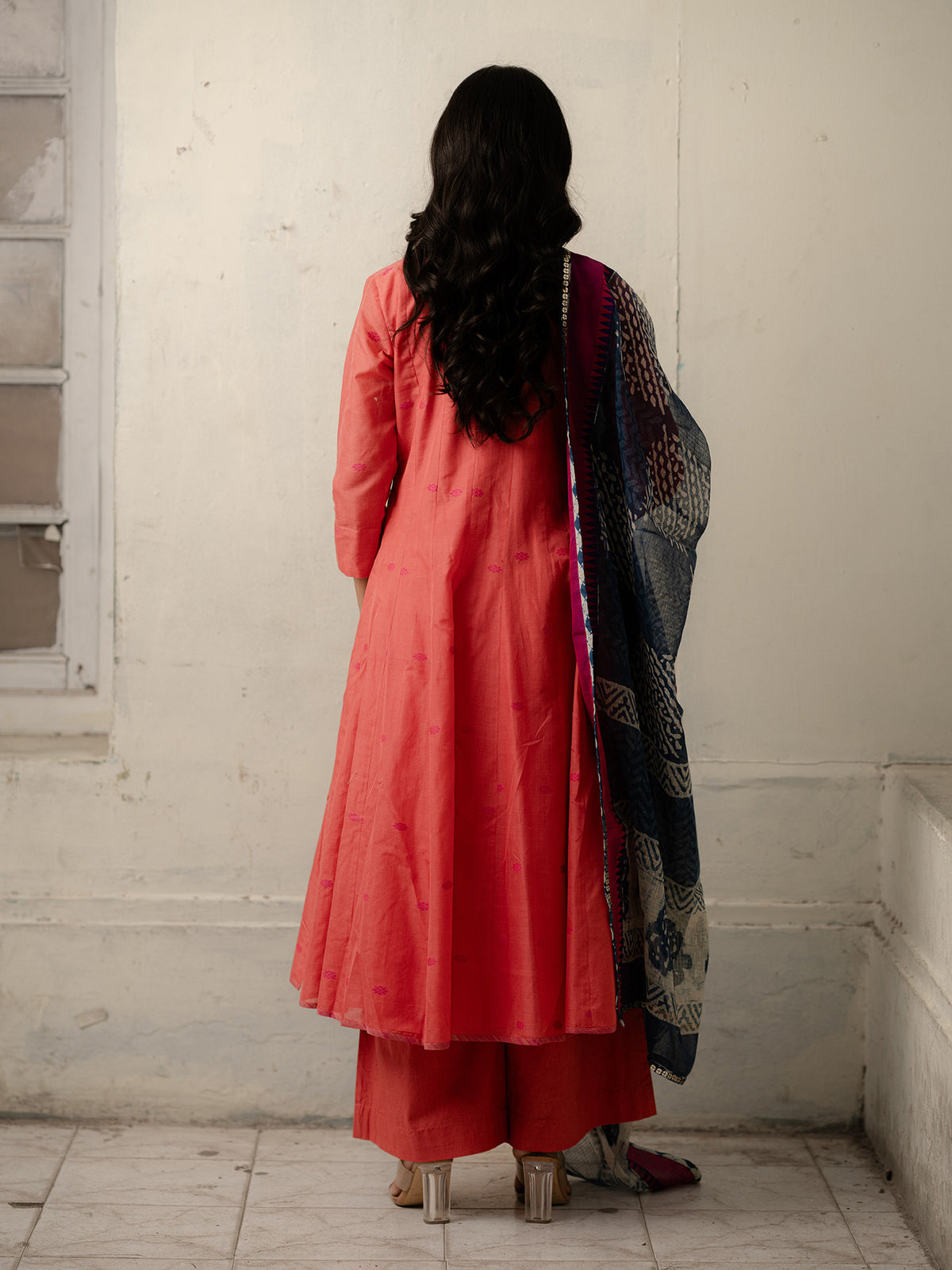 Peach Hand-Woven Cotton Kurti and Pants with Kota Dupatta with Sequins Border