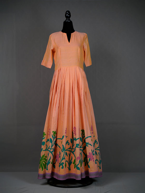 Peach Handwoven Long Dress With Block Print and Touch of Sequins