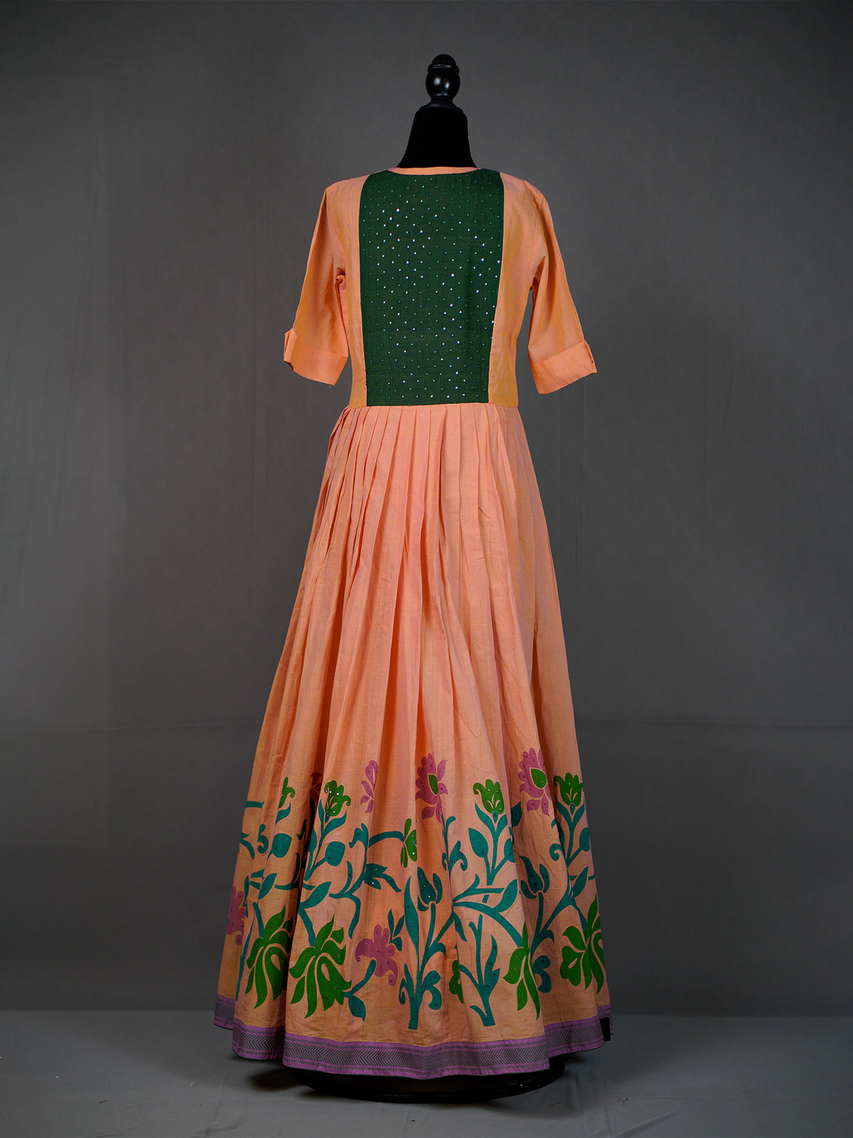 Peach Handwoven Long Dress With Block Print and Touch of Sequins