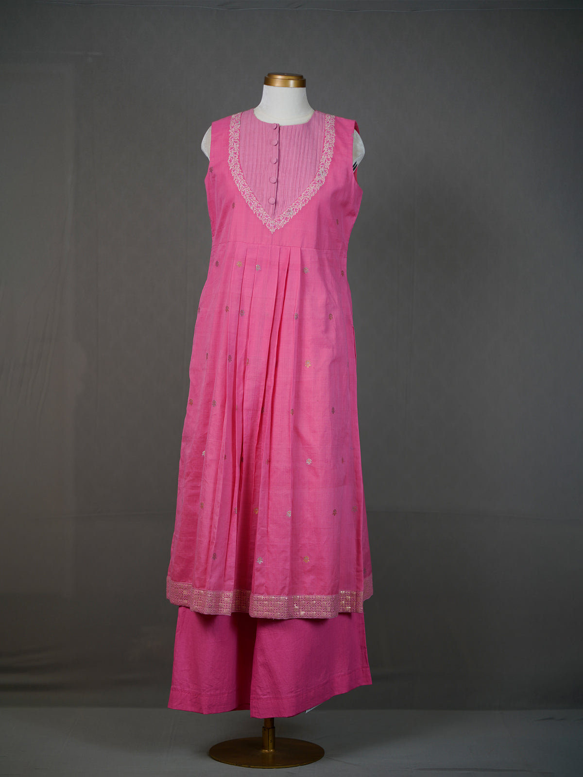 Pink Handwoven Sleeveless Kurti With Yoke, Zari Buttis And Pants