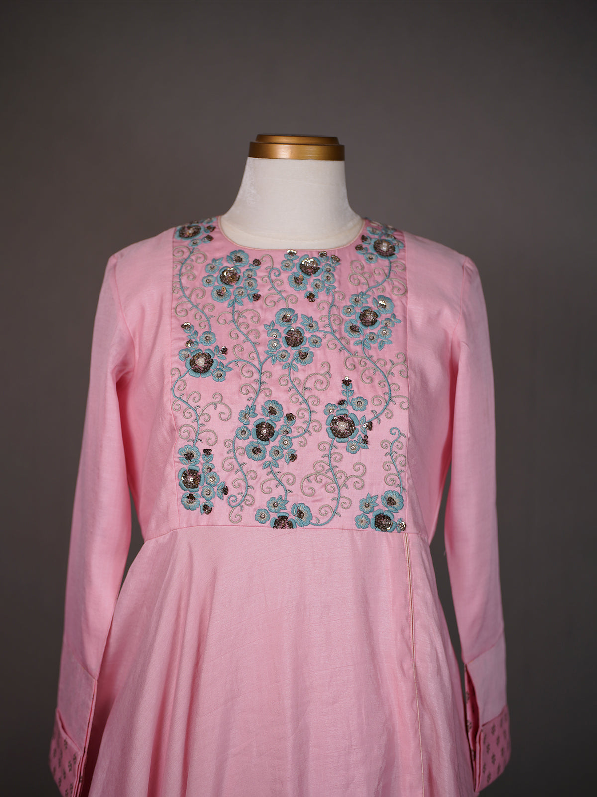 Pink Long Silk Kurti with Colourful Thread Embroidery and Pants