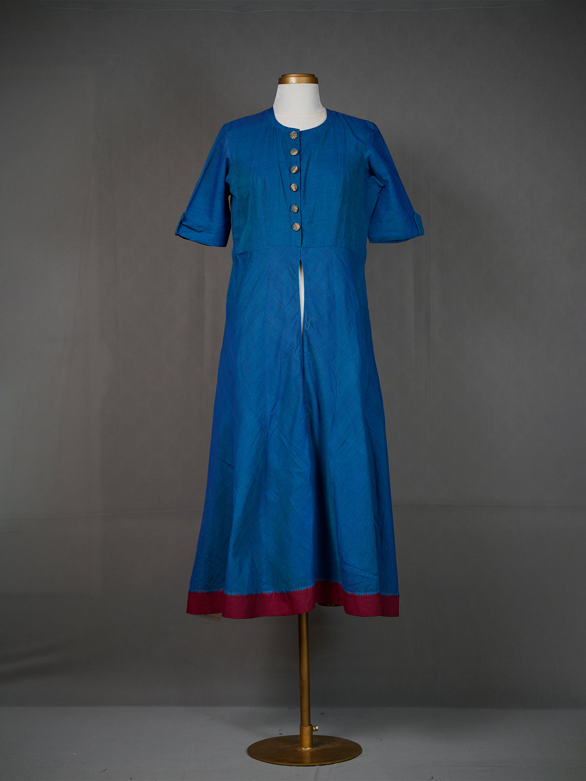 Plain Blue Handwoven Kali Kurti with Printed Buttons n Front Slit