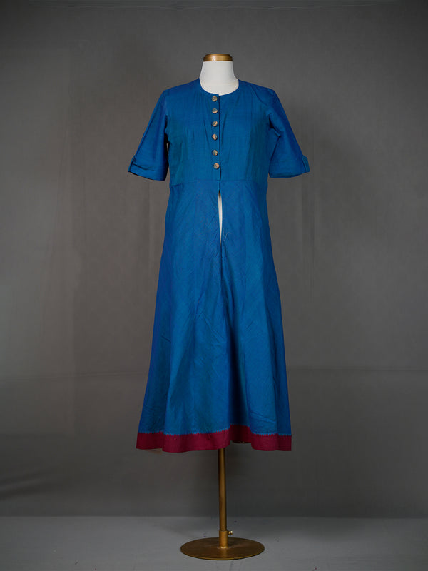 Plain Blue Handwoven Kali Kurti with Printed Buttons n Front Slit