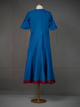 Plain Blue Handwoven Kali Kurti with Printed Buttons n Front Slit