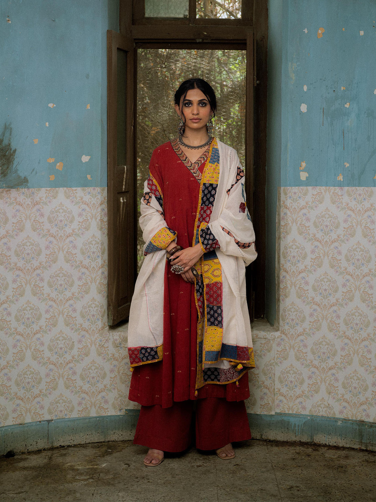 Red Handwoven Cotton Kurti with Sequins Work, Contrast Dupatta
