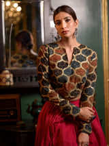 Red Handwoven Cotton Lehenga With Borders and Kalamkari Blouse
