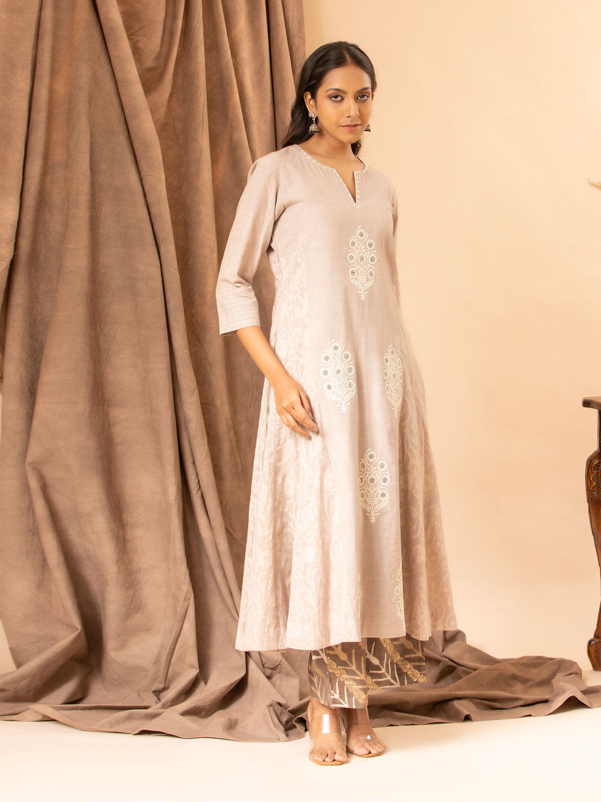 Rose Grey panel top with selfweave side panels and applique thread work, paired with printed pants
