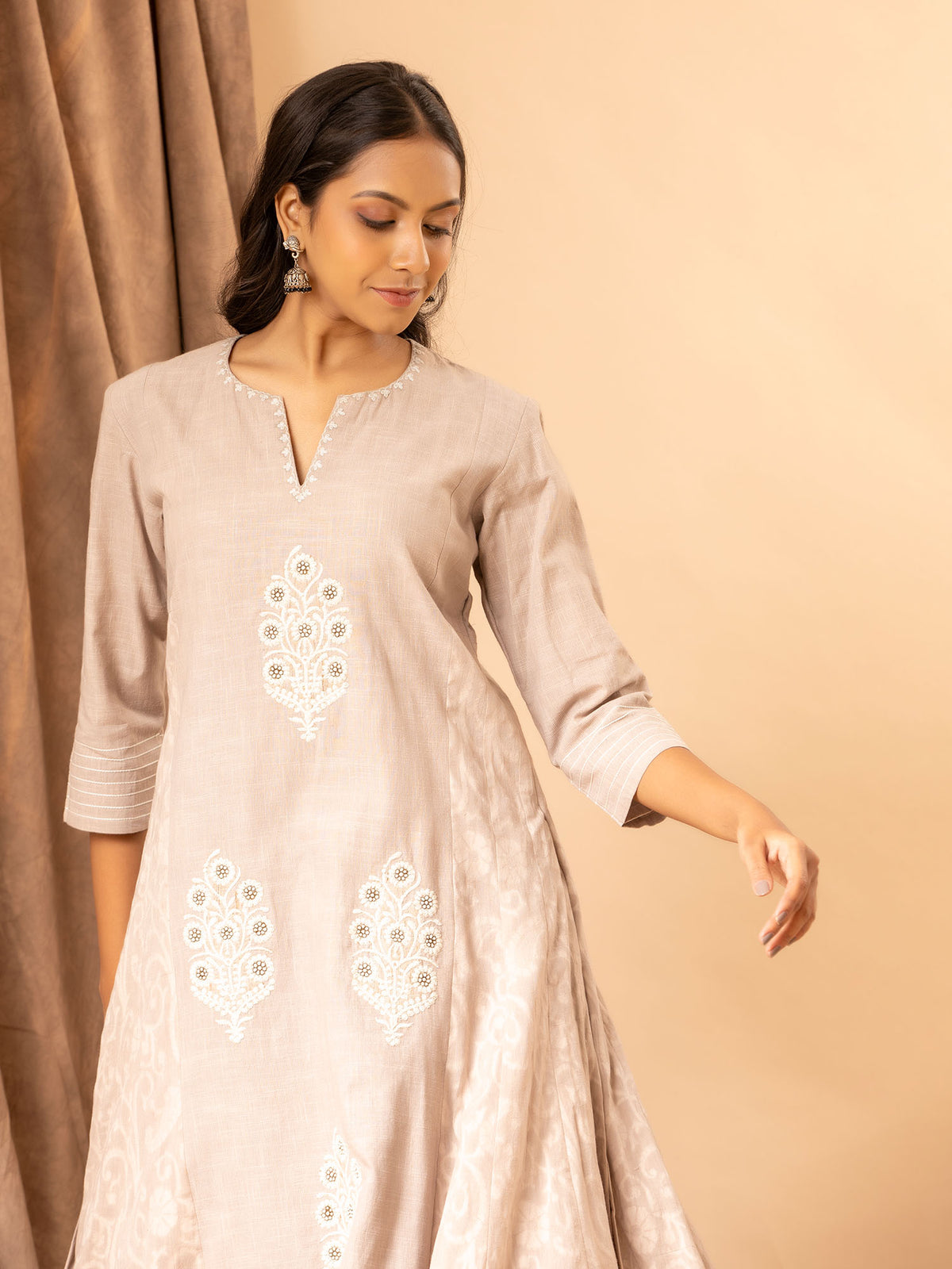 Rose Grey panel top with selfweave side panels and applique thread work, paired with printed pants