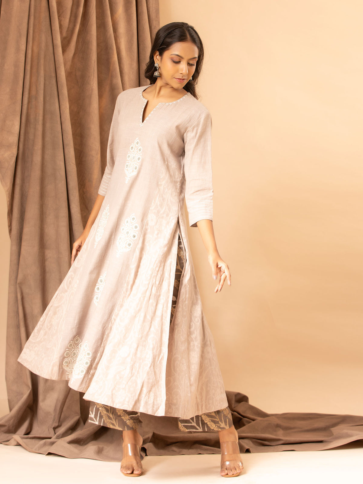 Rose Grey panel top with selfweave side panels and applique thread work, paired with printed pants