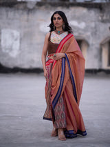 Rust Handwoven Cotton Saree with Kutch Work Blouse and Pants