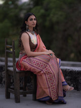 Rust Handwoven Cotton Saree with Kutch Work Blouse and Pants