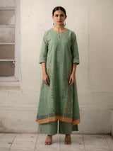 Sage Green Hand-Woven Cotton Kurti Set with Patchwork and Mirror Embroidery