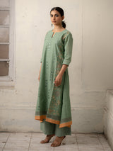 Sage Green Hand-Woven Cotton Kurti Set with Patchwork and Mirror Embroidery