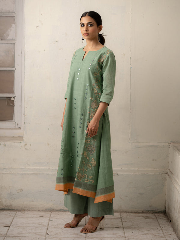 Sage Green Hand-Woven Cotton Kurti Set with Patchwork and Mirror Embroidery