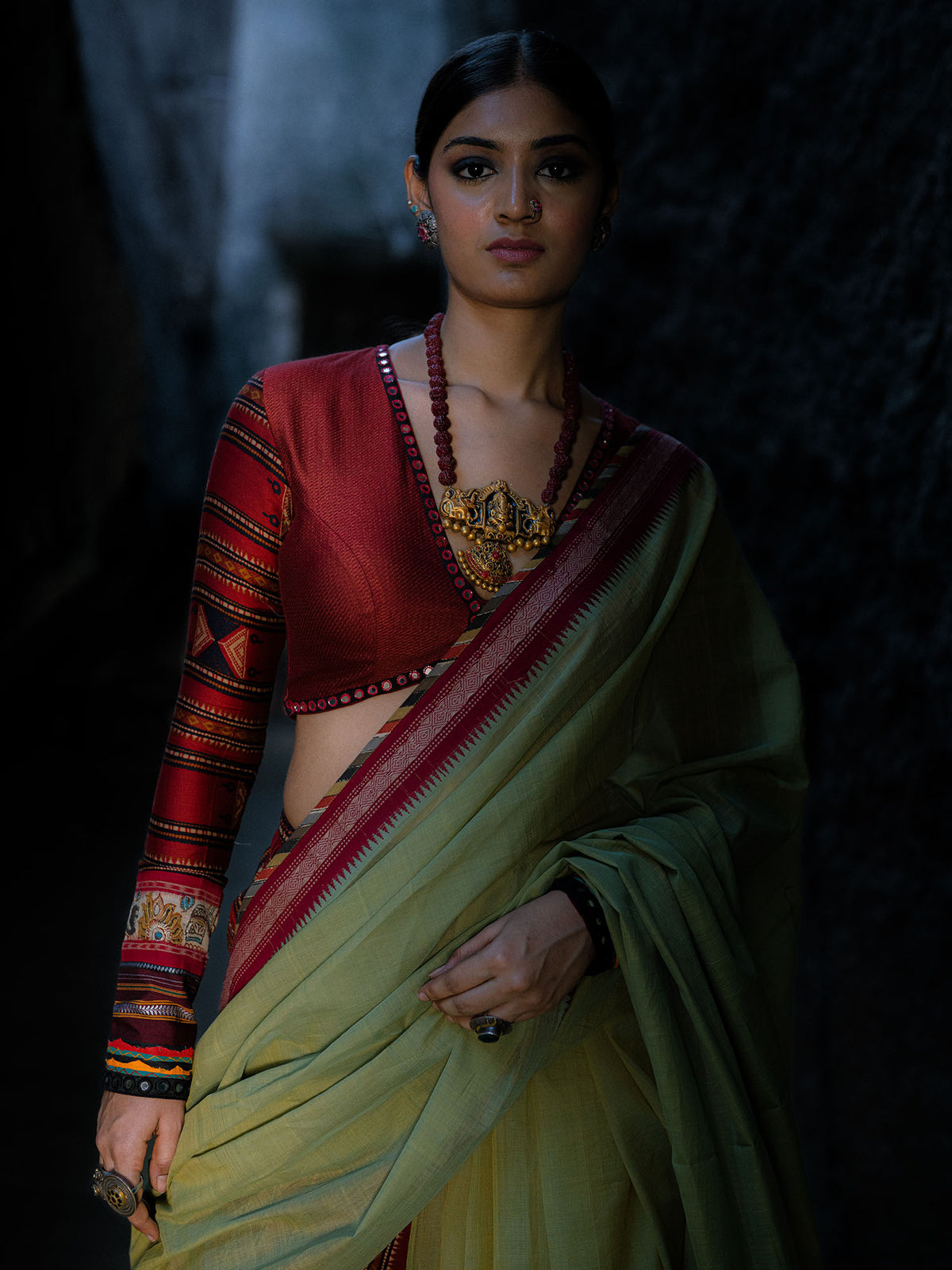 Sage Green Handwoven Cotton Saree with Red Blouse and Pants