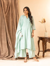 Soft mint green cotton Chanderi top with all-over thread work, highlighted with sequins, paired with a dupatta featuring thread butti