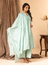 Soft mint green cotton Chanderi top with all-over thread work, highlighted with sequins, paired with a dupatta featuring thread butti