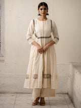 White Hand-Woven Cotton Two-Piece Kurti set with Gota Work and Thread Embroidery