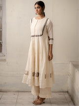 White Hand-Woven Cotton Two-Piece Kurti set with Gota Work and Thread Embroidery