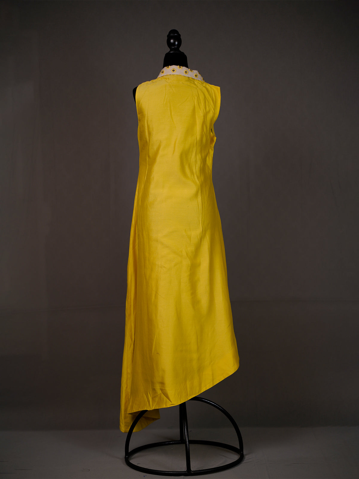 Yellow Asymmetrical Chanderi Kurti with White Thread Work on Neck