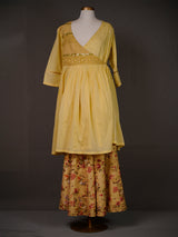 Yellow Cotton Overlapping Kurti With Work And Loose Printed Pants