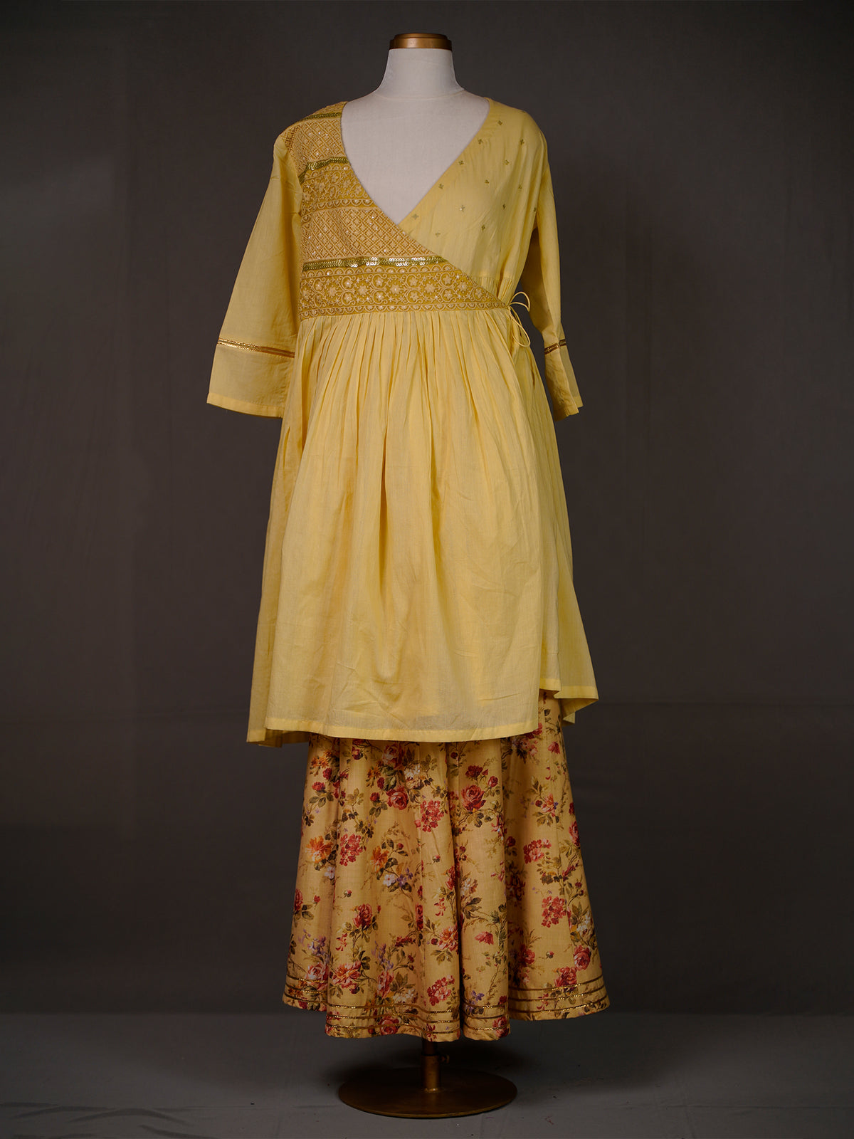 Yellow Cotton Overlapping Kurti With Work And Loose Printed Pants