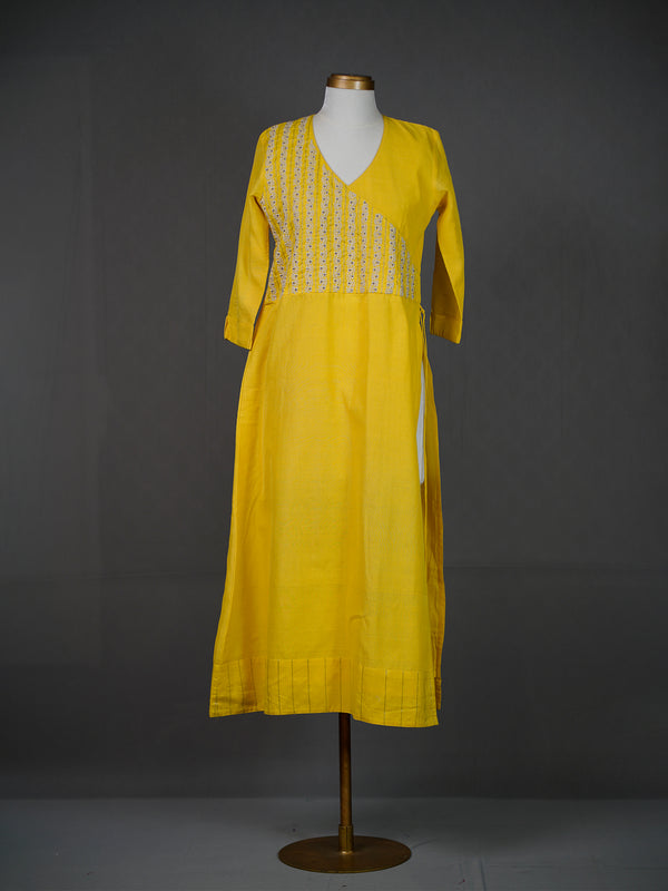 Yellow Handwoven Angrakha Kurti With Thread Embroidery on Bodice