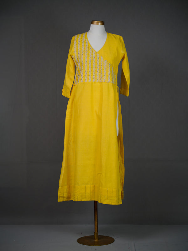 Yellow Handwoven Angrakha Kurti With Thread Embroidery on Bodice