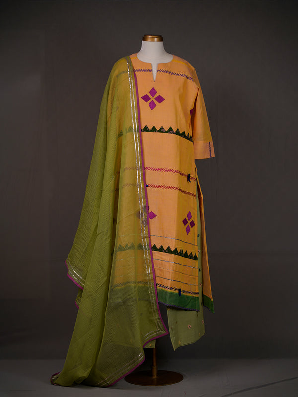 Yellow Kurti with Applique and Thread Work, Dupatta And Pants