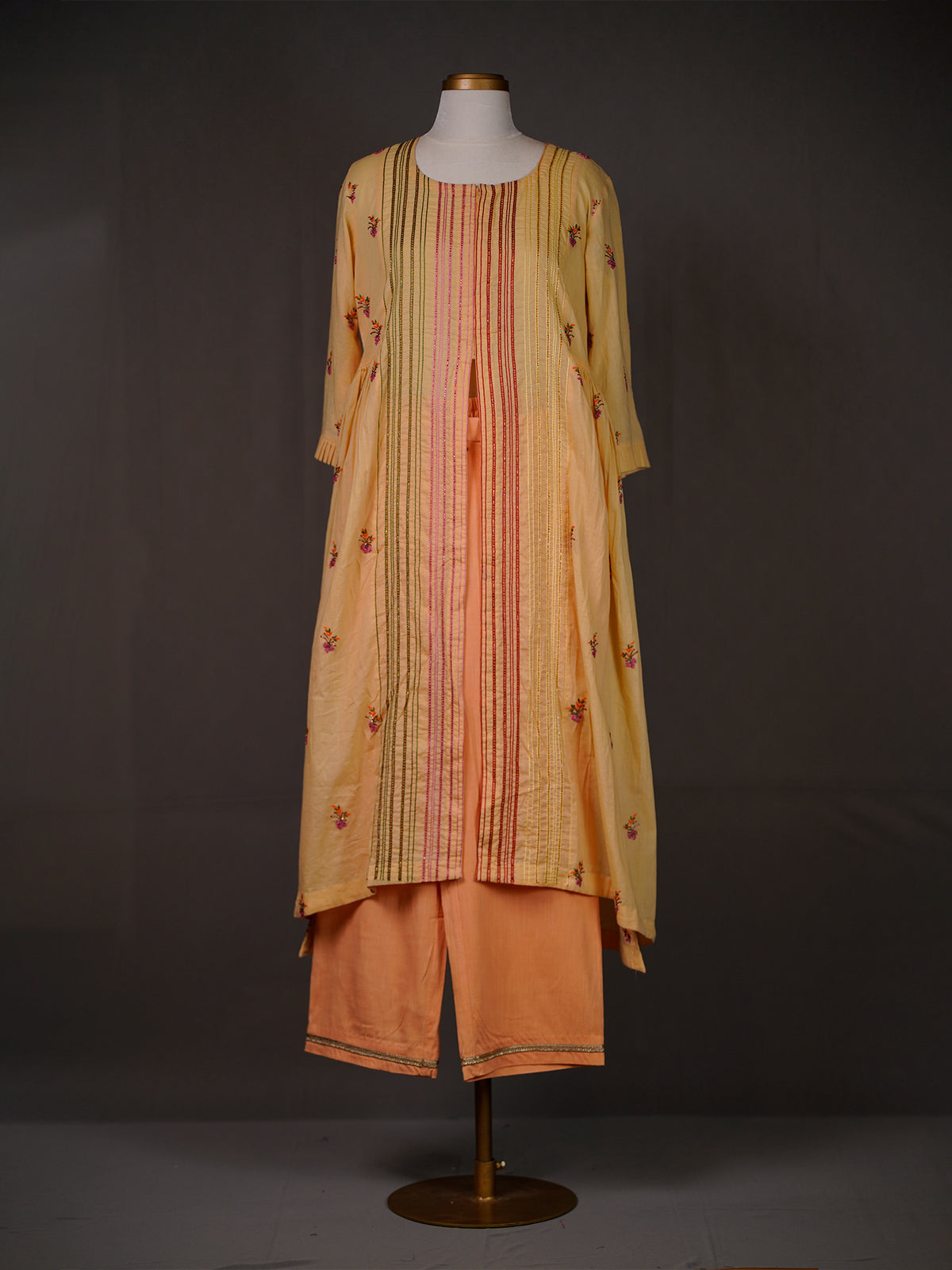 Yellow Kurti with Thread Work Buttis, Sequins, Front Slit n Pants